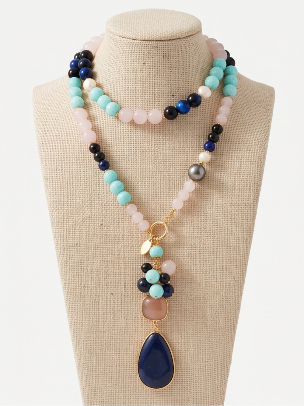 Multicolor Hladd Beaded Necklace with Navy Teardrop Pendant